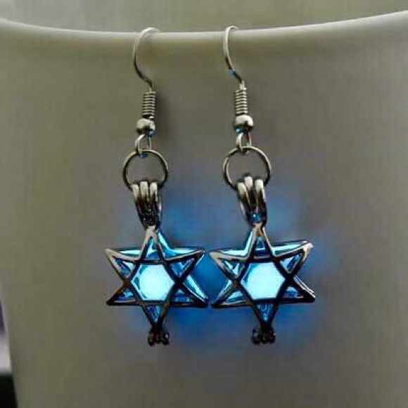 Hanukkah Luminous BLUE Star Of David Earrings - Picture 1 of 5